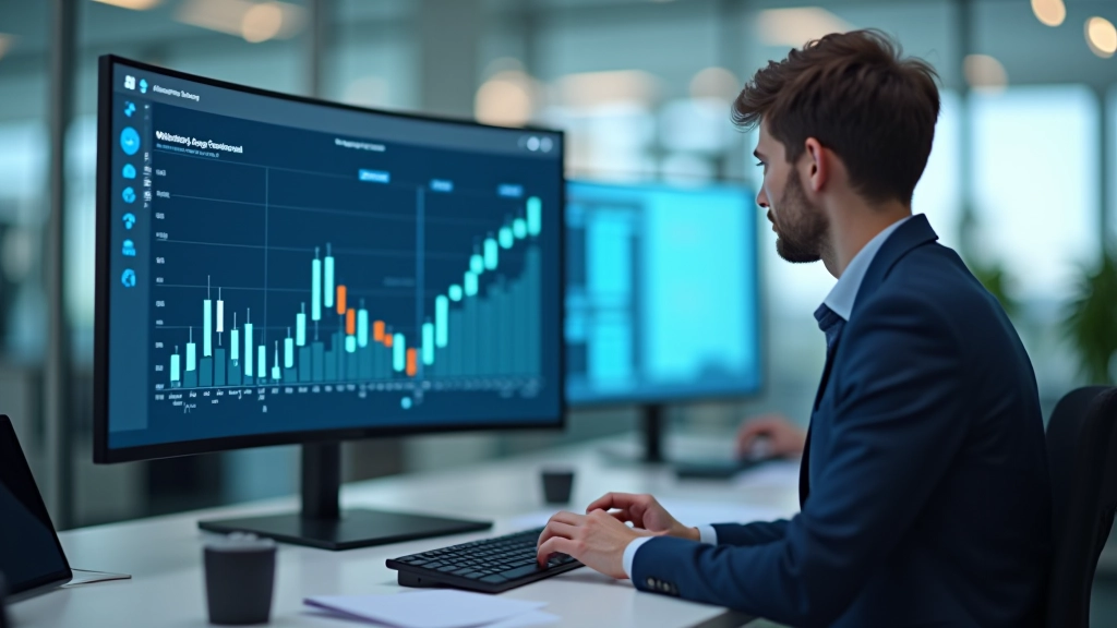 Finanzberater analysiert Daten auf großem Monitor im modernen Büro