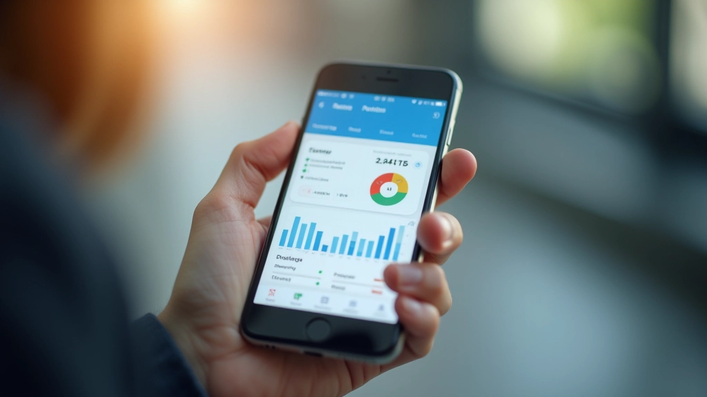 Nahaufnahme von Banking-App-Bildschirm mit Diagrammen und Einstellungsmenü auf modernem Smartphone
