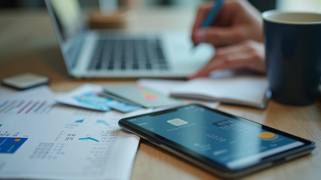 Kreditkarten und digitale Geldbörse nebeneinander auf modernem Schreibtisch