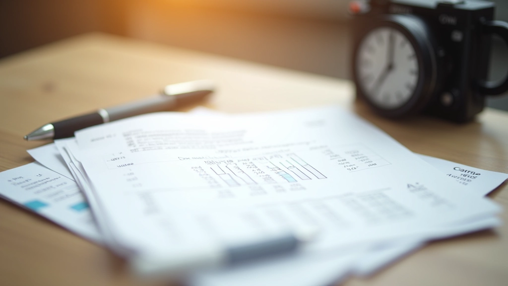 Finanzielle Planung mit Notizen und Grafiken auf Papier, Schreibtisch-Szene