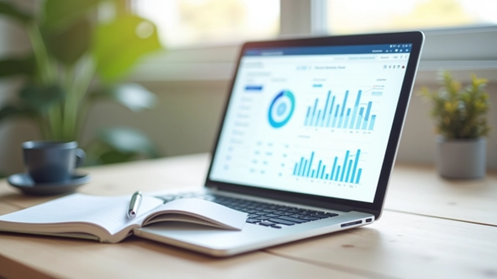 Laptop mit Banking-Dashboard und Finanz-Reports auf Schreibtisch