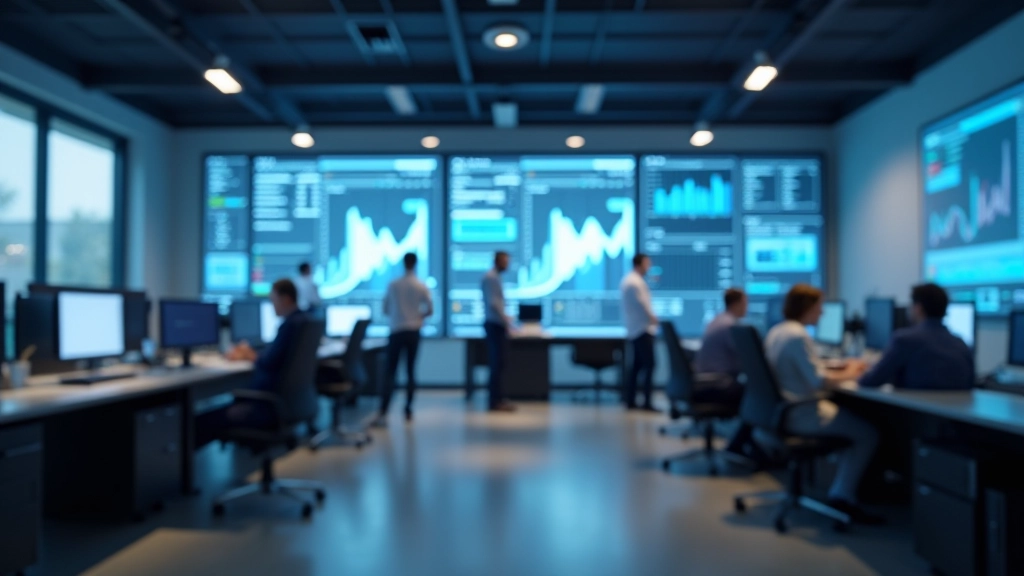 Modernes Fintech-Büro mit digitalen Displays und modernen Arbeitsplätzen, großformatige Ansicht