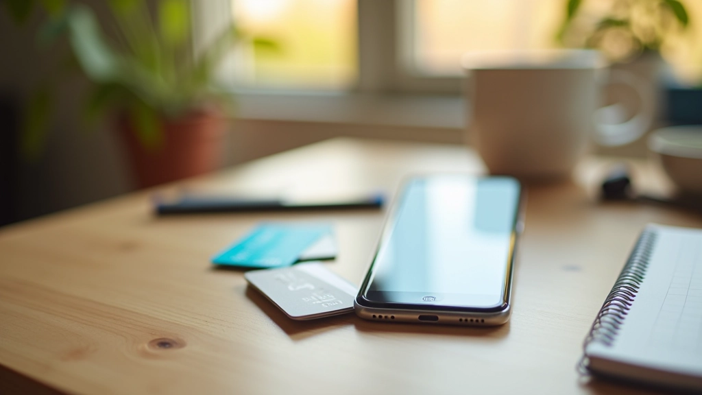 Smartphone mit Banking-App auf Schreibtisch neben Kreditkarten