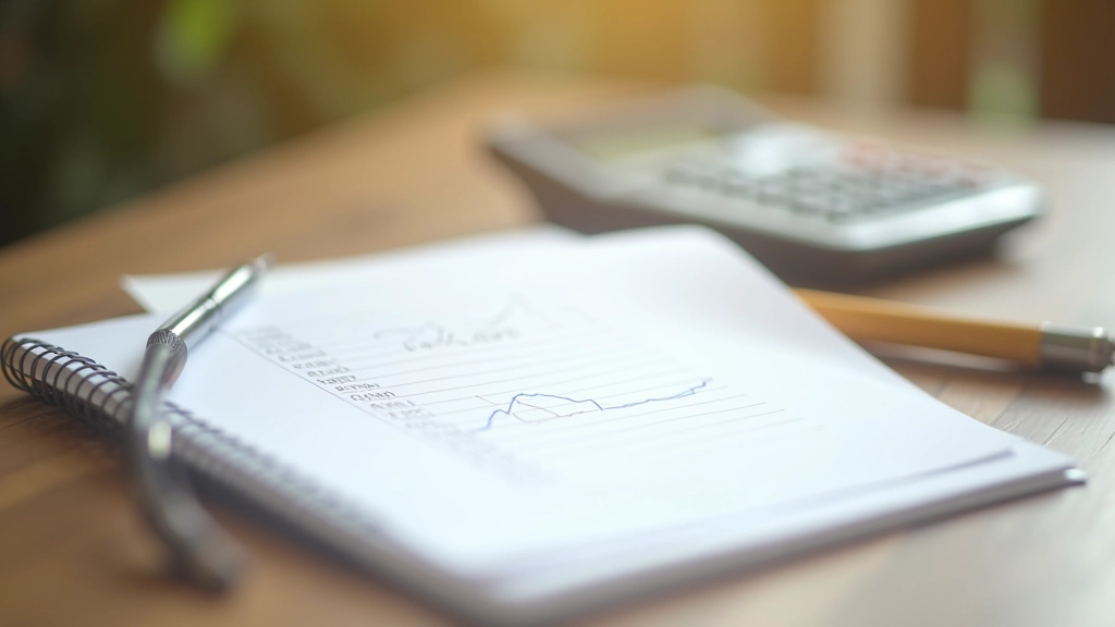 Handgeschriebener Finanzplan auf Papier mit Taschenrechner, Stift und Notizen zu monatlichen Einkünften und Ausgaben
