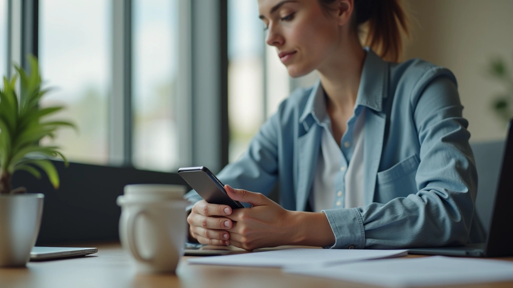 Person nutzt Banking-App auf Smartphone, sitzt am modernen Schreibtisch mit Kaffee