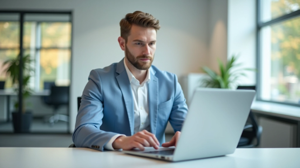 Person, die auf Laptop arbeitet, Finanzanalyse, helles modernes Büro