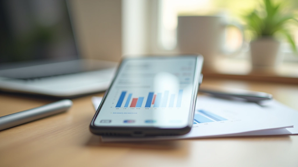Smartphone mit Fintech-App auf Holztisch, modernes Design mit Charts und Transaktionen