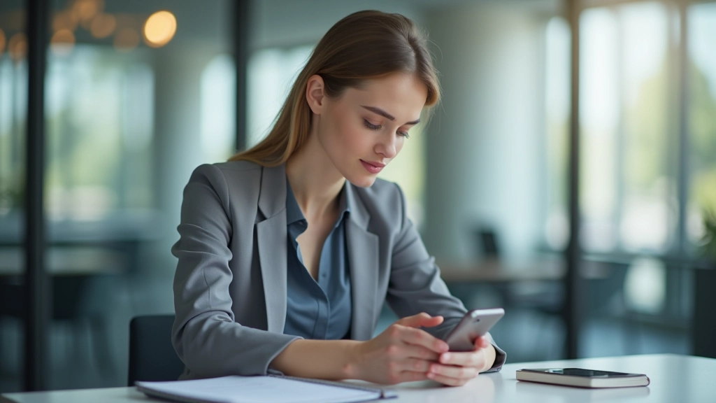 Frau sitzt am modernen Schreibtisch und überprüft Banking-App auf ihrem Smartphone mit Fokus auf Bildschirm