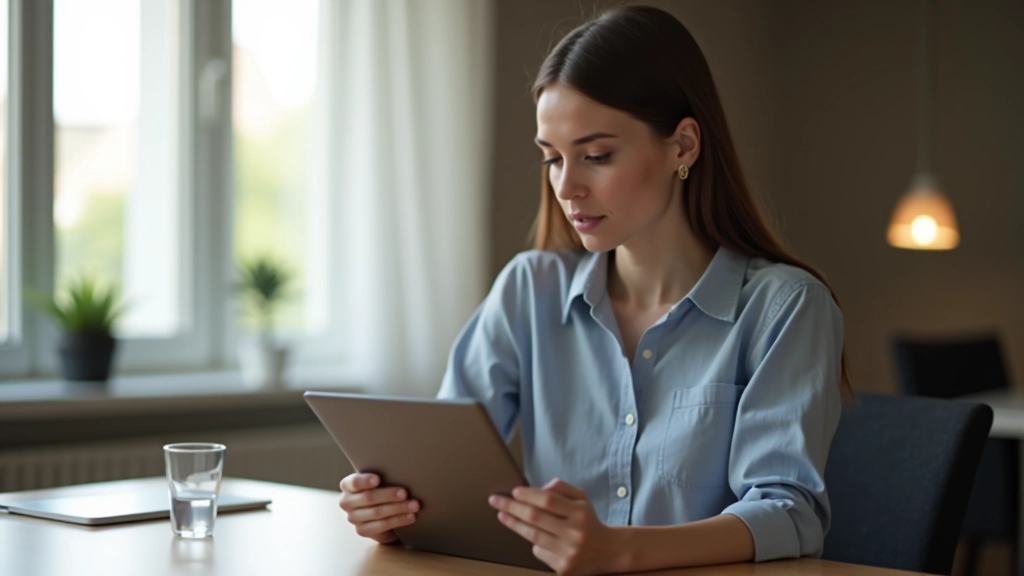 Frau überprüft Finanzdaten auf Tablet an modernem Schreibtisch